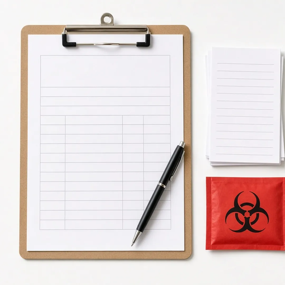 A biohazard cleanup cost estimate form on a clipboard next to a pen, a small stack of receipts, and a sealed red biohazard bag — all on a clean white desk