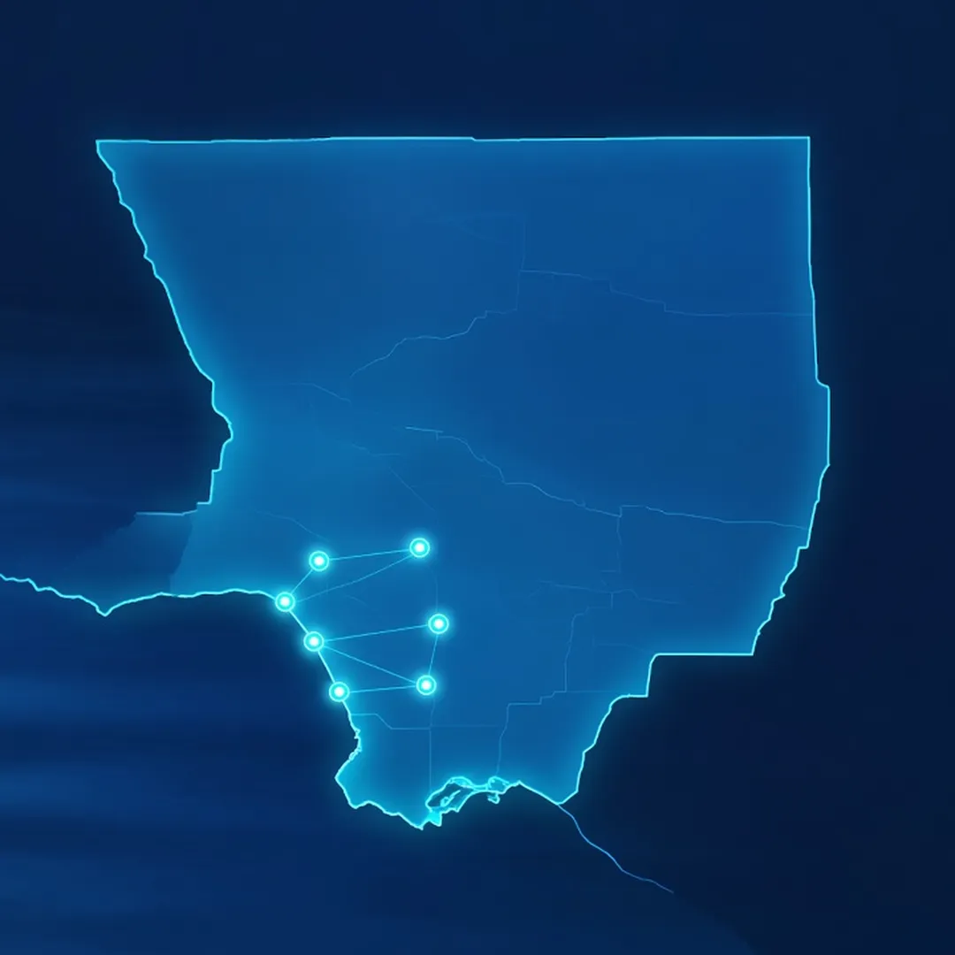 The outline map of Los Angeles County with key cities marked — Santa Monica, Culver City, Venice, Brentwood, West LA, Malibu, Pacific Palisades — highlighted in clean blue tones on a dark background