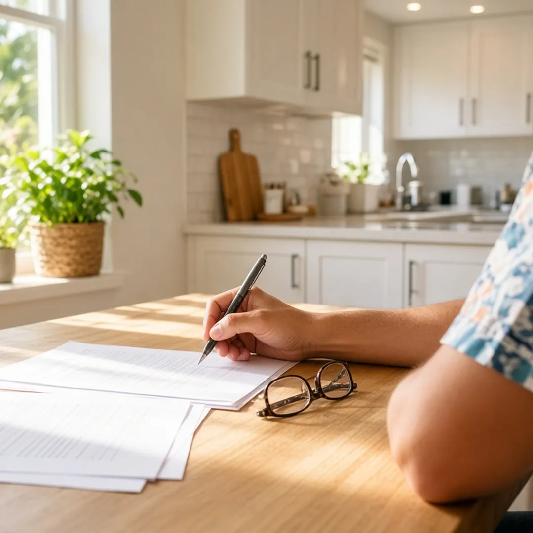 A homeowner sitting at a kitchen table in a Southern California home reviewing an insurance policy document
