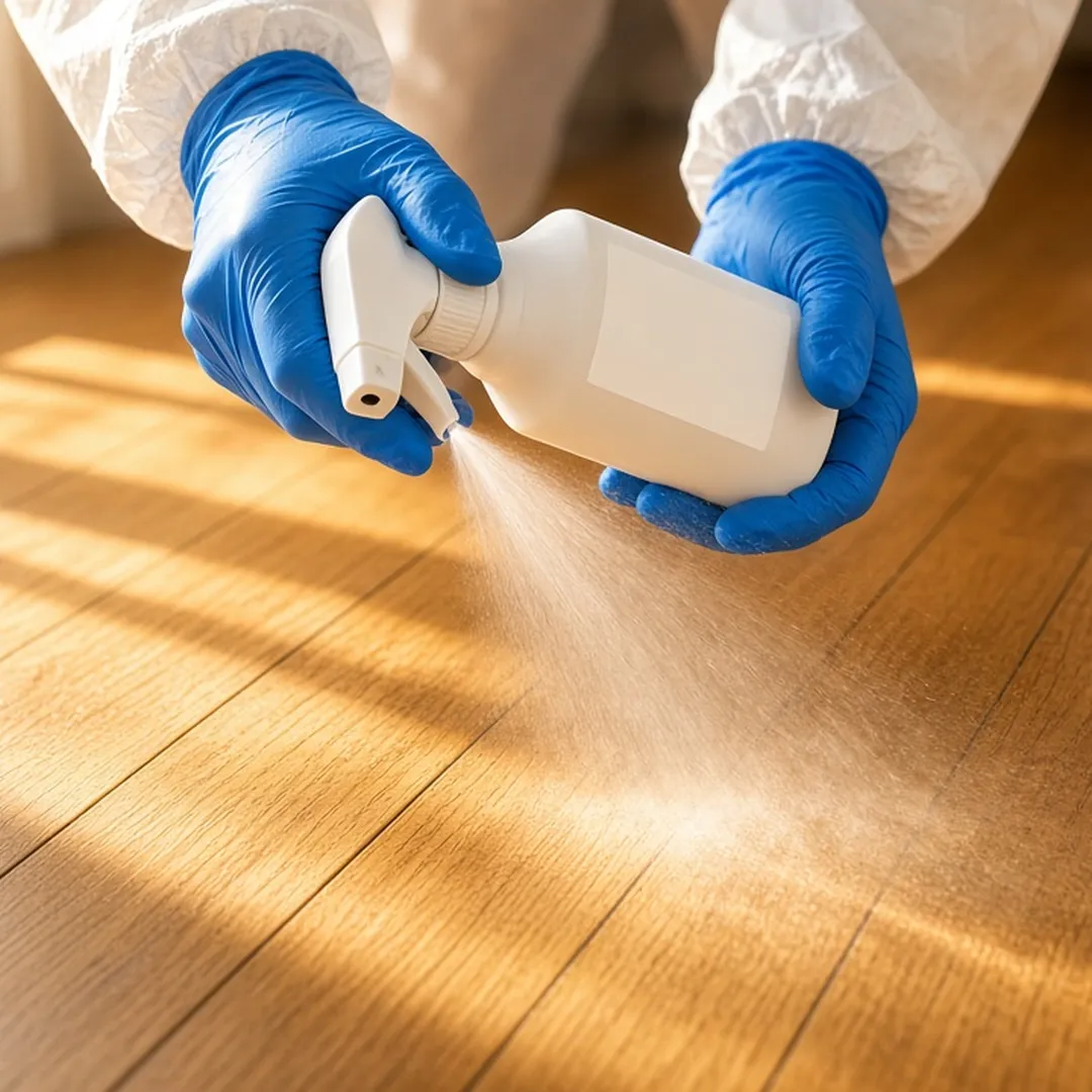 A biohazard remediation technician's gloved hands applying EPA-registered disinfectant spray to a hardwood floor in a residential room