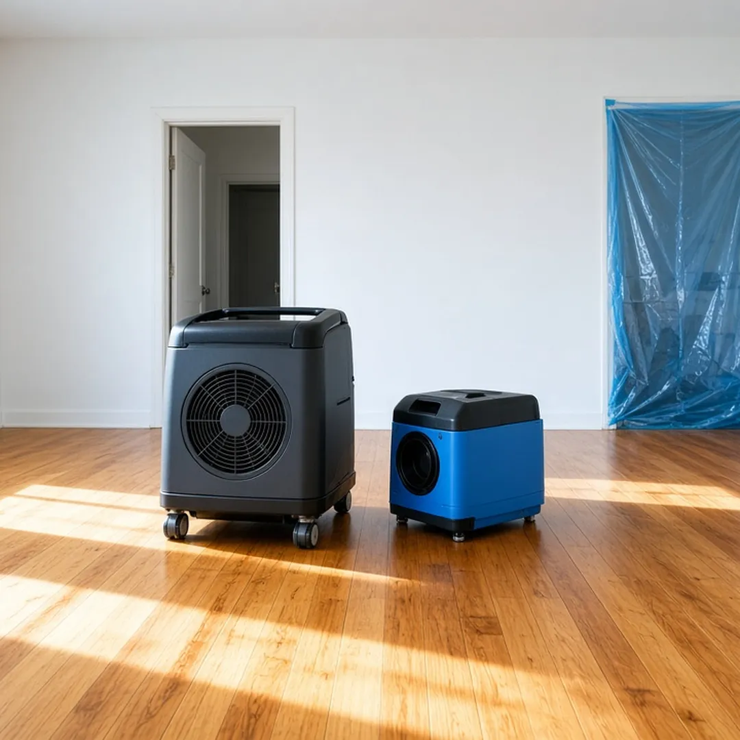 A commercial-grade HEPA air scrubber and ozone generator unit operating in an empty apartment room with bare hardwood floors and white walls